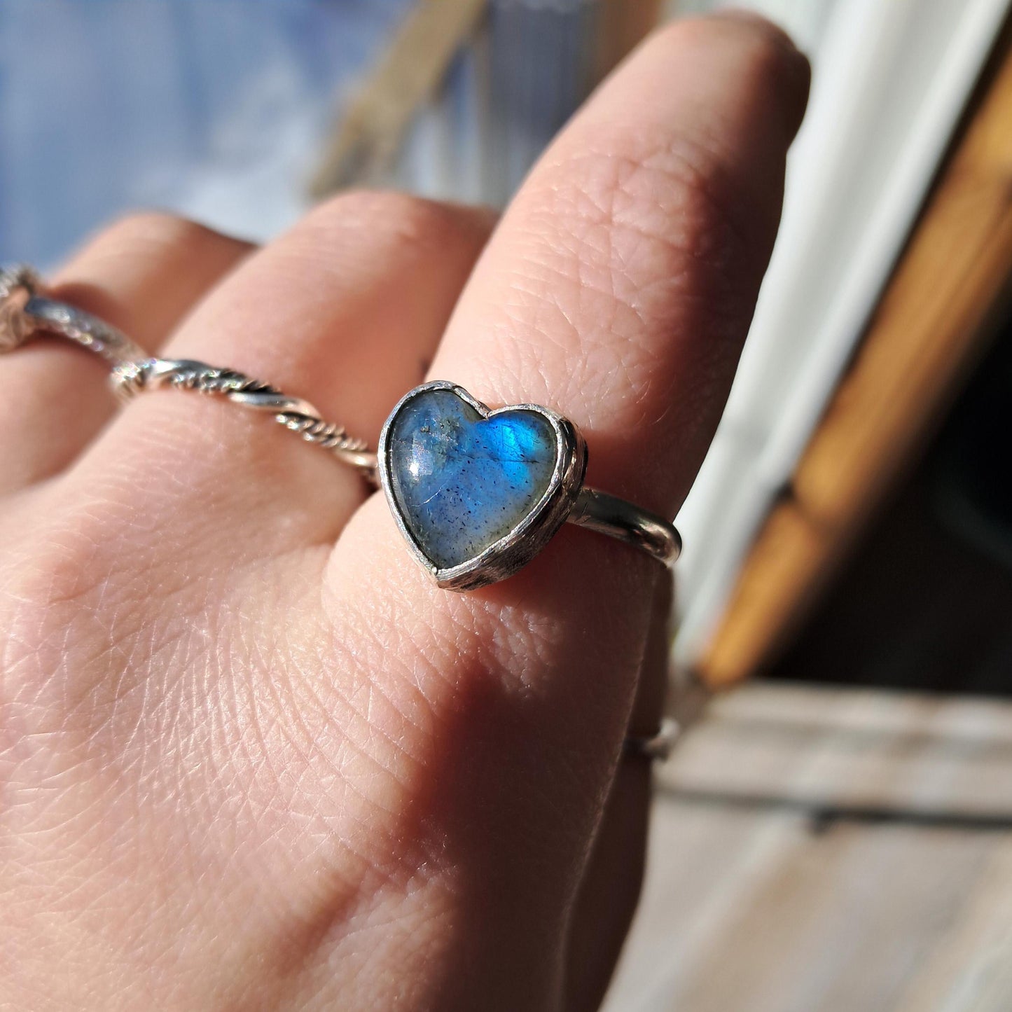 Sterling Silver Heart Labradorite Ring – Handcrafted Gemstone Band, Custom Sizing