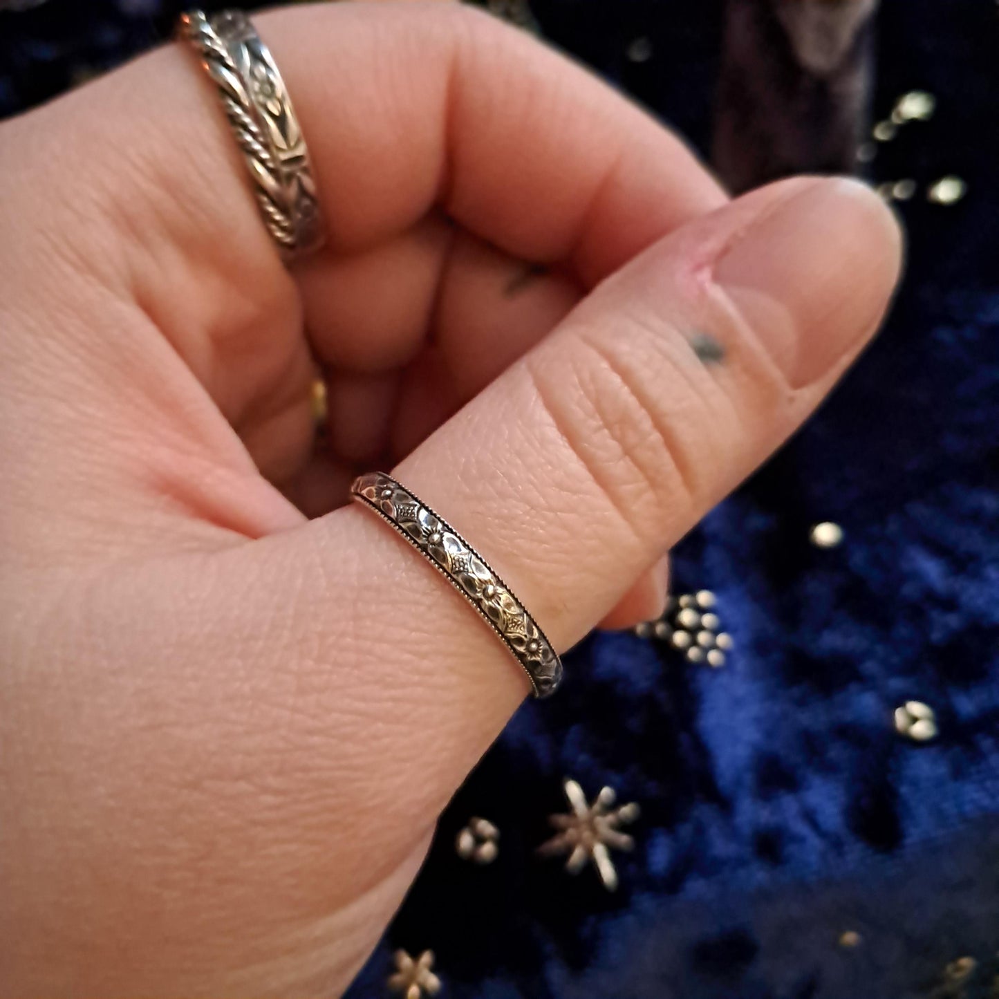 Floral Geometric Sterling Silver Ring – Handcrafted Everyday Stacking Band, Minimalist Jewelry