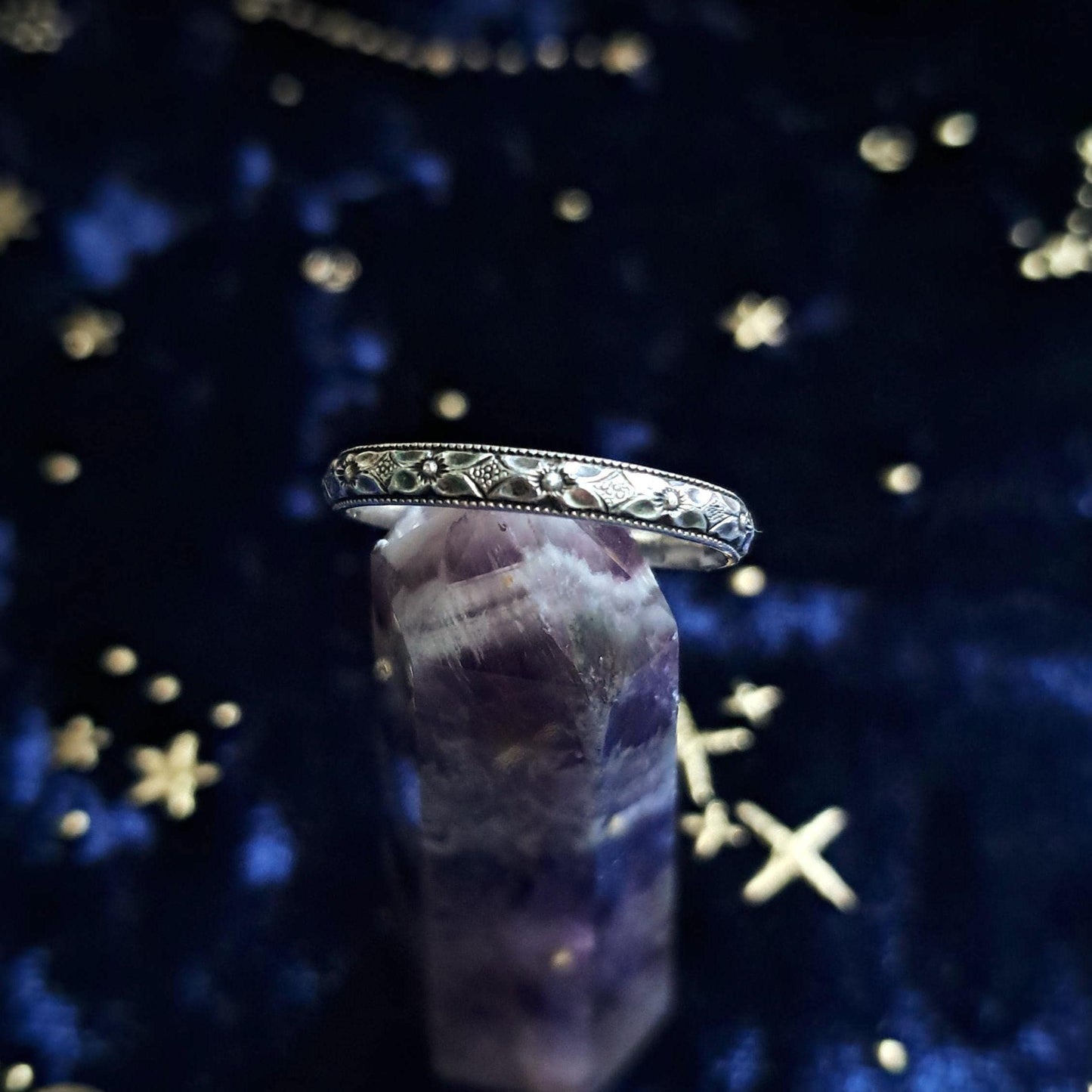 Floral Geometric Sterling Silver Ring – Handcrafted Everyday Stacking Band, Minimalist Jewelry