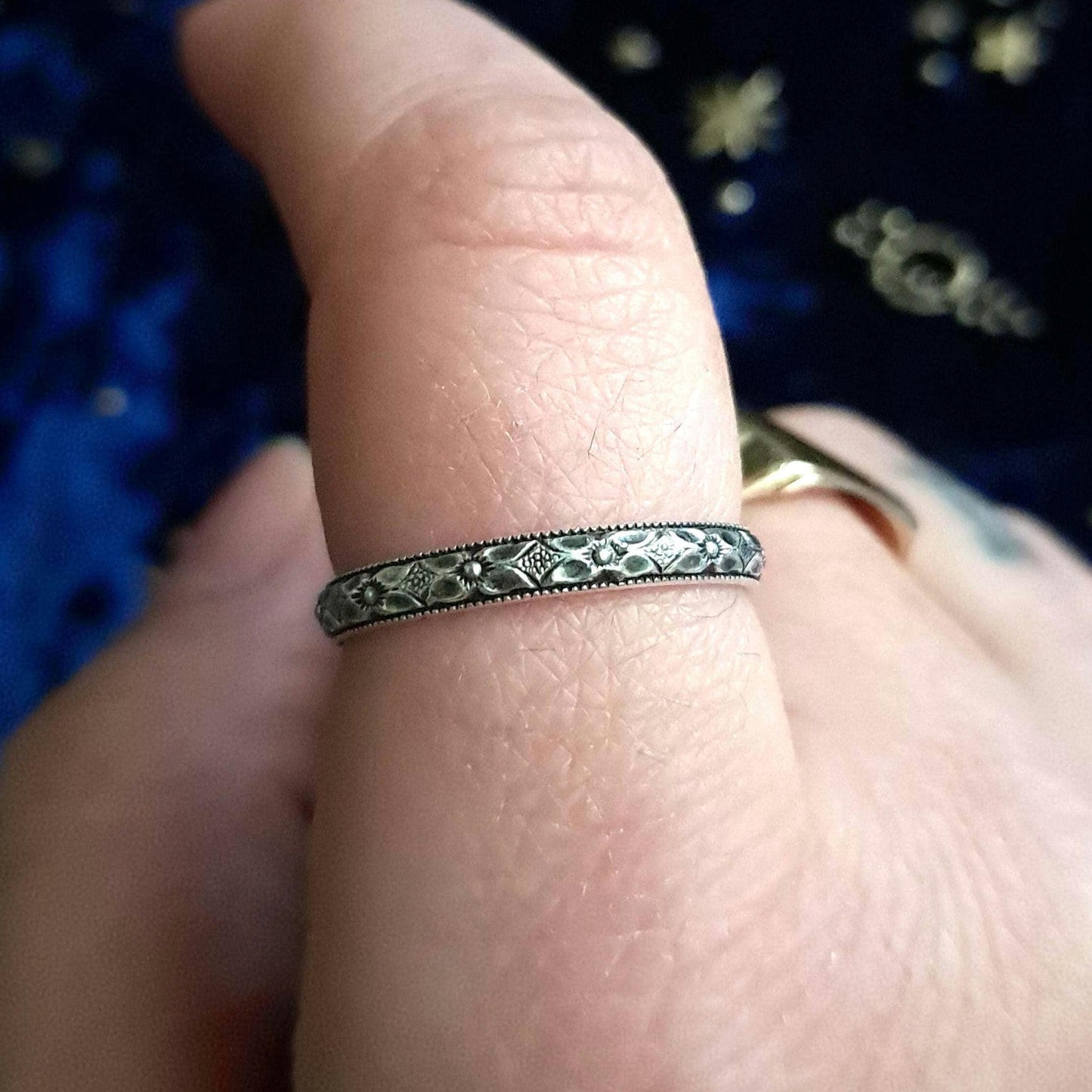 Floral Geometric Sterling Silver Ring – Handcrafted Everyday Stacking Band, Minimalist Jewelry