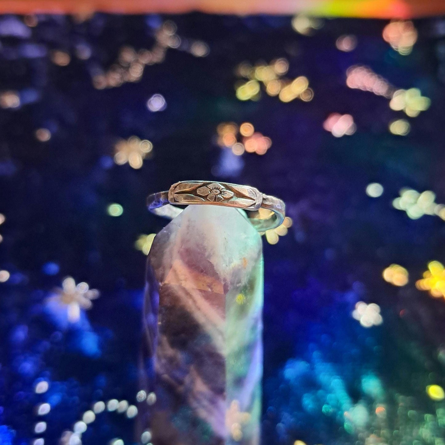 Sterling Silver Hammered Band with Forget-Me-Not Motif – Handcrafted Dainty Stacking Ring, Everyday Minimalist Jewelry